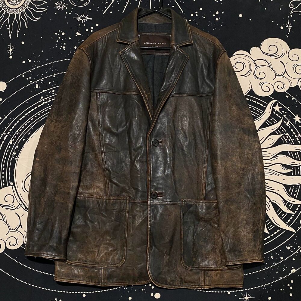 Andrew Marc Biker Jacket Men's L Brown Leather Motorcycle Travel Riding Collared
